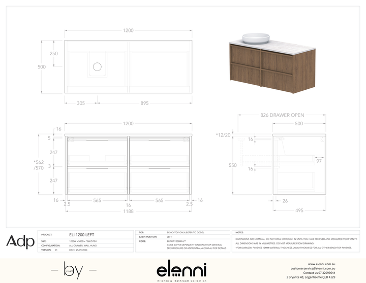 Eli 1200 Wall Hung Left Offset, Elenni specification drawing