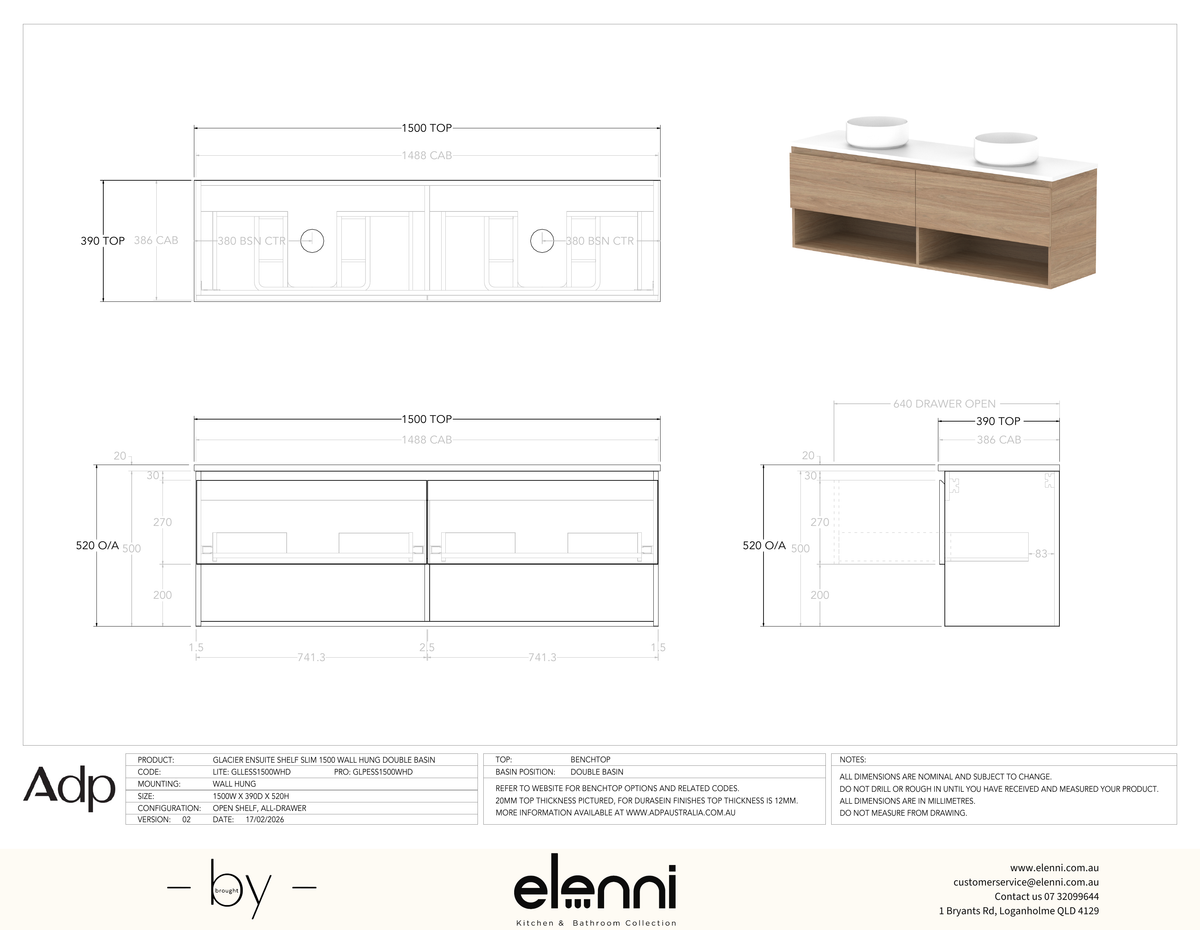 Glacier Ensuite, Shelf 1500 Slim WH, Benchtop Double Bowl - Elenni specification drawing