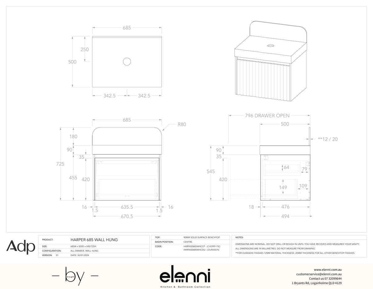 Harper 685 Wall Hung Centre - Elenni specification drawing