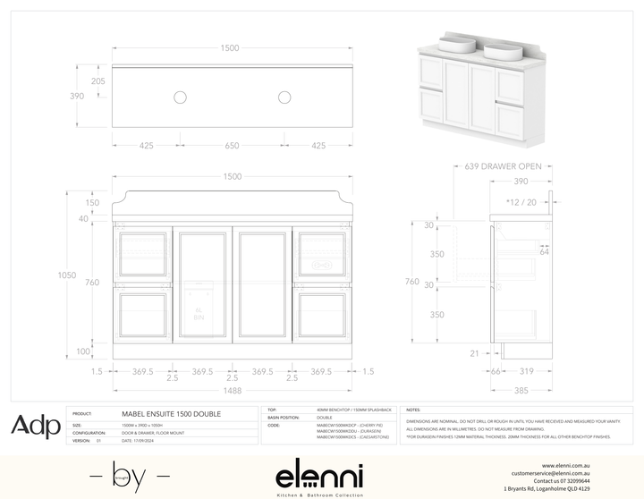 Mabel Ensuite 1500 Floor Mount Double, Elenni specification drawing