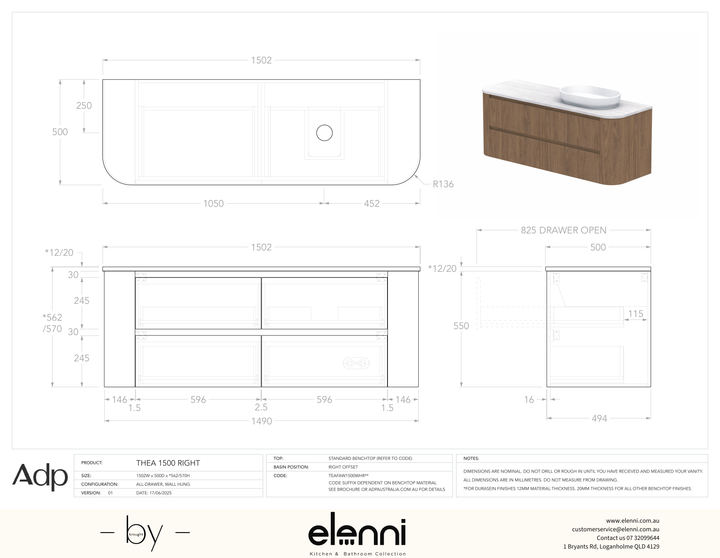 Thea 1500, Benchtop, Right Offset Bowl, Elenni specification drawing