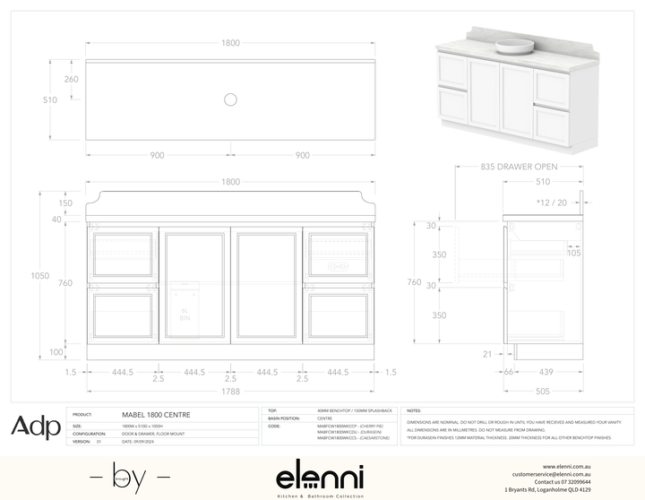 Mabel 1800 Floor Mount Centre, Elenni specification drawing