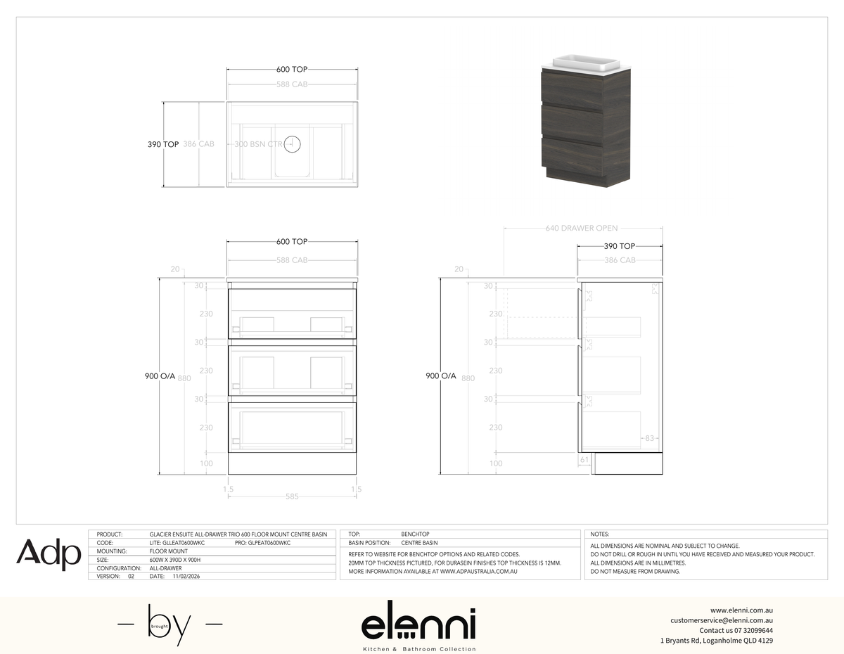 Glacier Ensuite, All-Drawer 600 Trio FM, Benchtop Centre Bowl - Elenni specification drawing