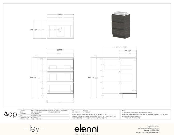 Glacier Ensuite, All-Drawer 600 Trio FM, Benchtop Centre Bowl - Elenni specification drawing