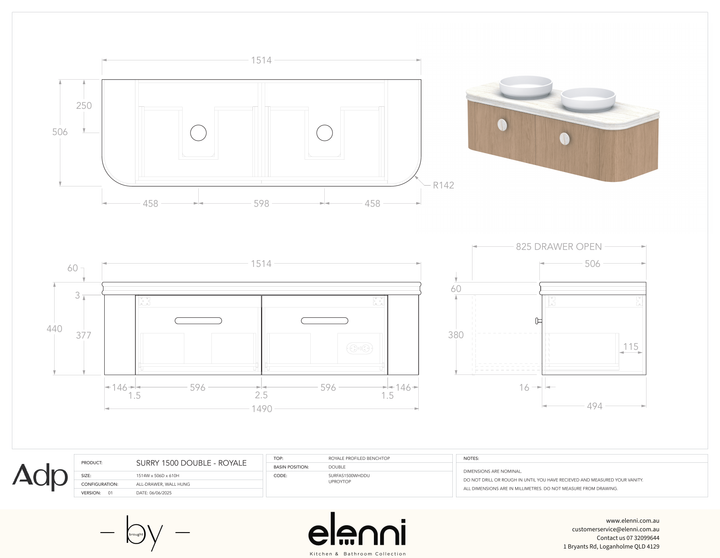 Surry 1500, Royale, Double Bowl, Elenni specification drawing
