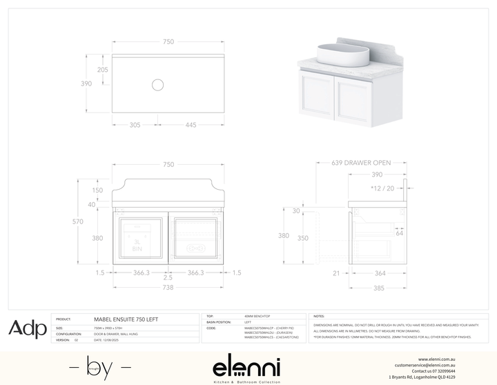 Mabel Ensuite 750 Wall Hung Left Offset, Elenni specification drawing