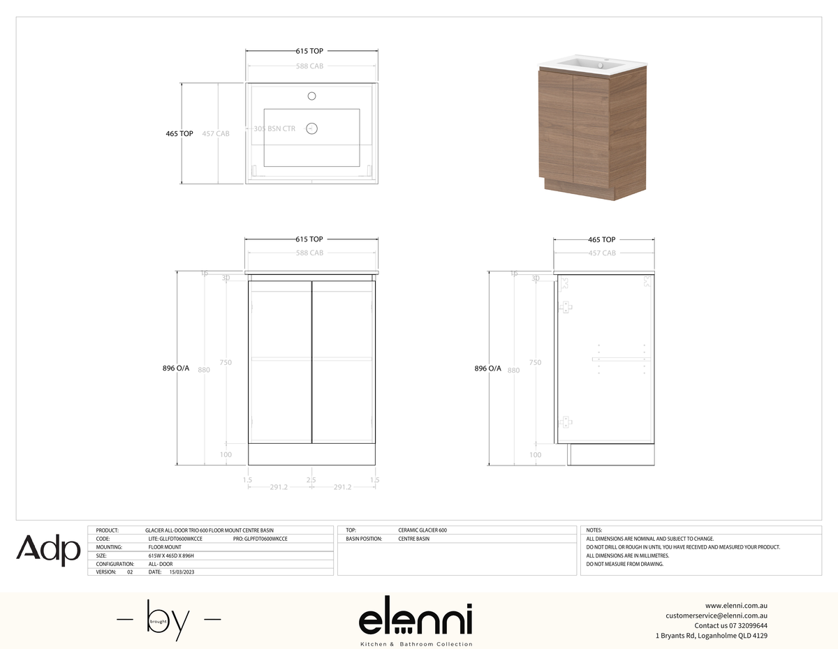 Glacier FD, All Door, 600 Trio FM, Ceramic Centre Bowl - Elenni specification drawing
