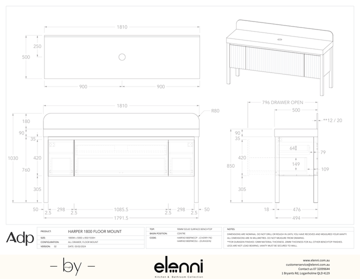 Harper 1800 With Legs (Floor Mount) Centre, Elenni specification drawing