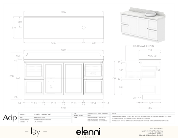 Mabel 1800 Floor Mount Right Offset, Elenni specification drawing
