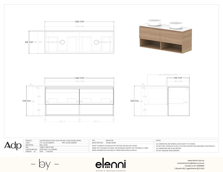 Glacier Ensuite, Shelf 1200 Slim WH, Benchtop Double Bowl - Elenni specification drawing