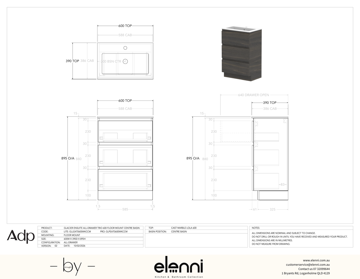 Glacier Ensuite, All-Drawer 600 Trio FM, Cast Marble Centre Bowl - Elenni specification drawing