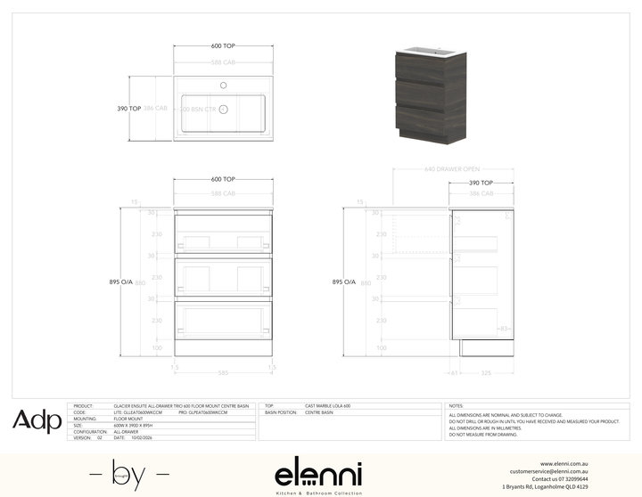 Glacier Ensuite, All-Drawer 600 Trio FM, Cast Marble Centre Bowl - Elenni specification drawing