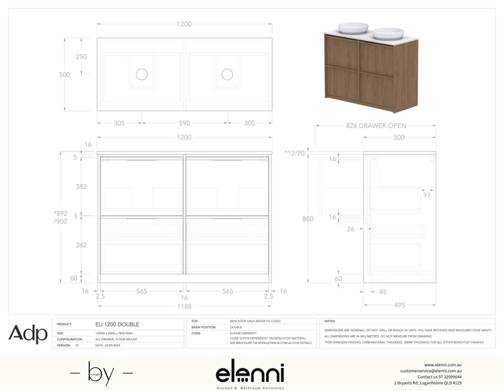 Eli 1200 Floor Mount Double, Elenni specification drawing