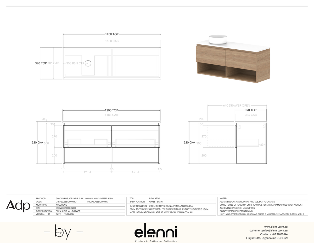 Glacier Ensuite, Shelf 1200 Slim WH, Benchtop Offset Bowl - Elenni specification drawing
