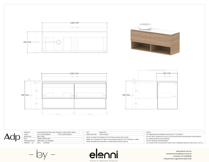 Glacier Ensuite, Shelf 1200 Slim WH, Benchtop Offset Bowl - Elenni specification drawing
