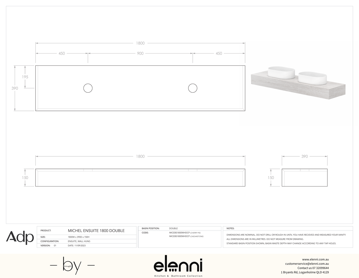 Michel Ensuite 1800 Double - Elenni specification drawing