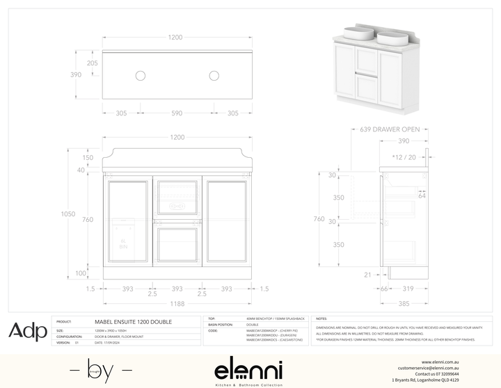 Mabel Ensuite 1200 Floor Mount Double, Elenni specification drawing