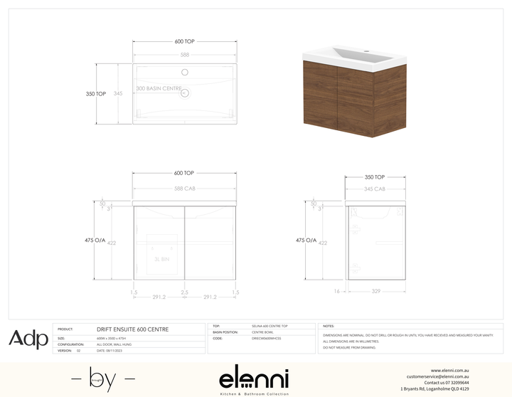 Drift Ensuite 600 Centre, Elenni specification drawing