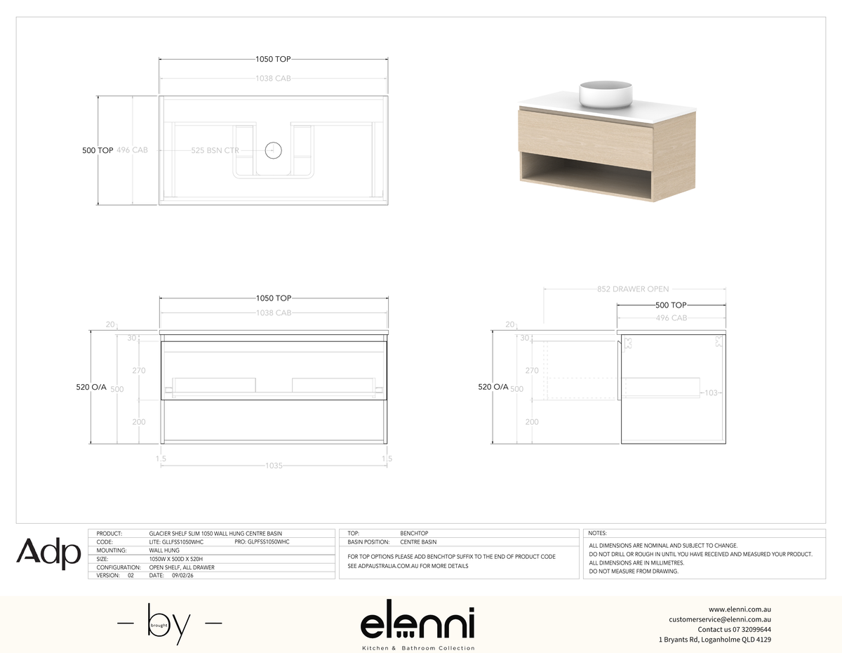Glacier FD, Shelf, 1050 Slim WH, Benchtop Centre Bowl - Elenni specification drawing