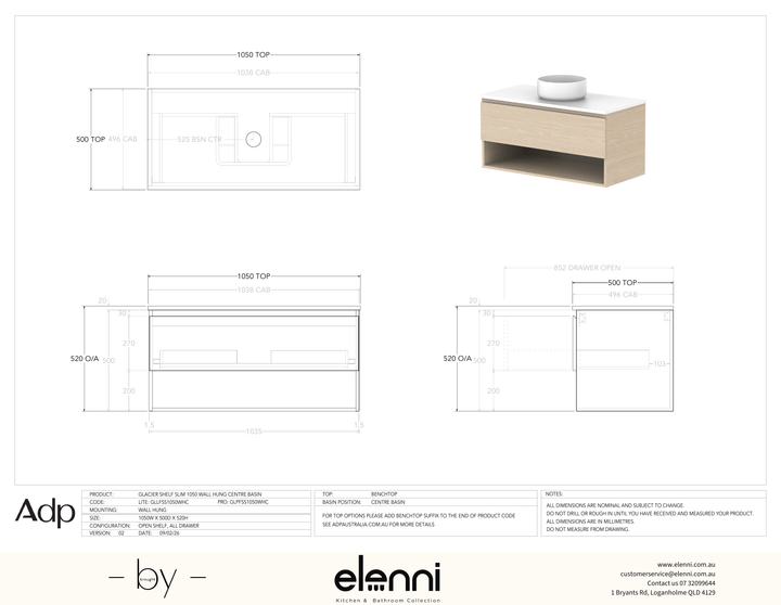 Glacier FD, Shelf, 1050 Slim WH, Benchtop Centre Bowl - Elenni specification drawing
