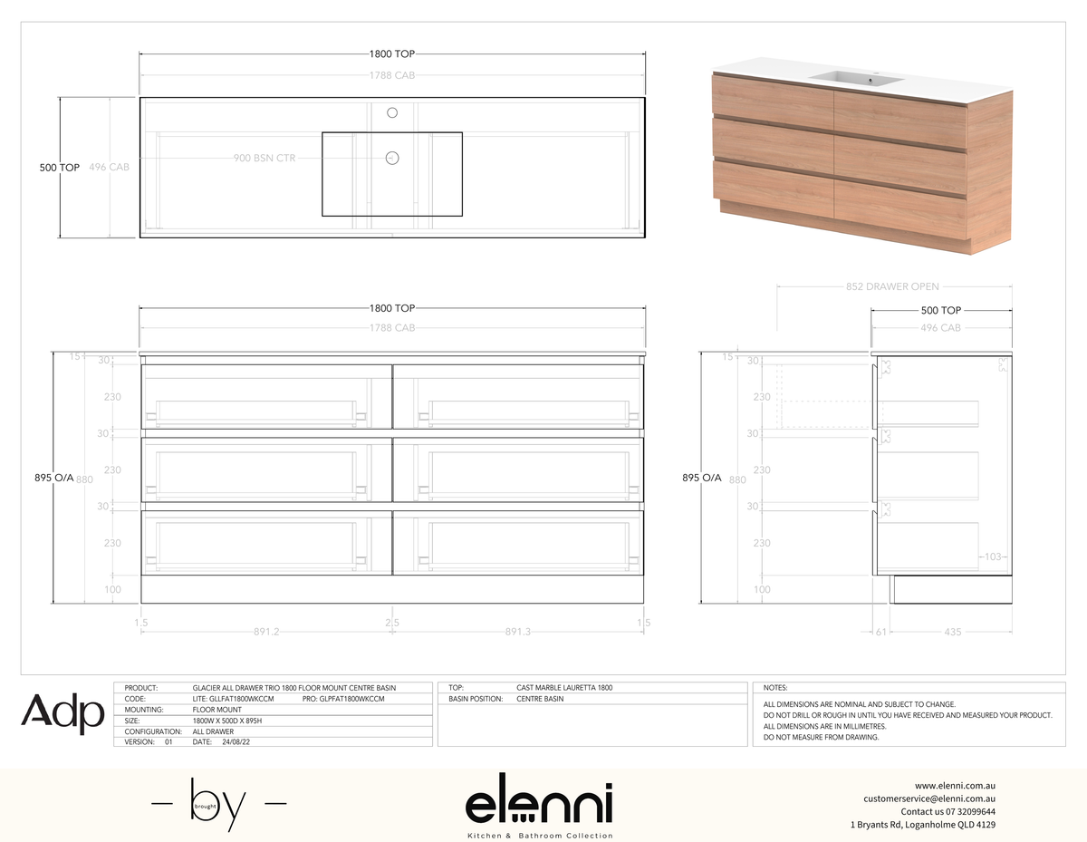 Glacier FD, All Drawer, 1800 Trio FM, Cast Marble Centre Bowl - Elenni specification drawing