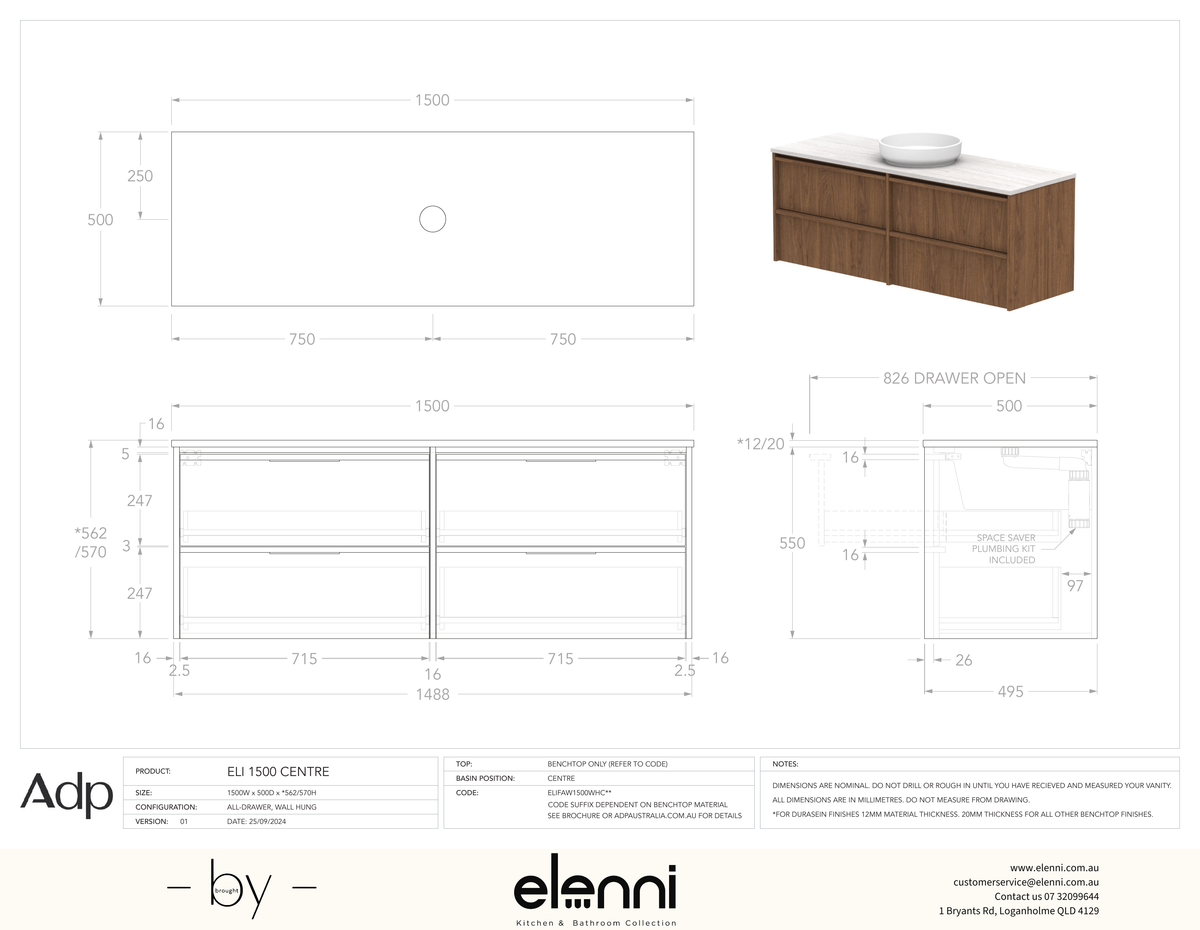 Eli 1500 Wall Hung Centre, Elenni specification drawing