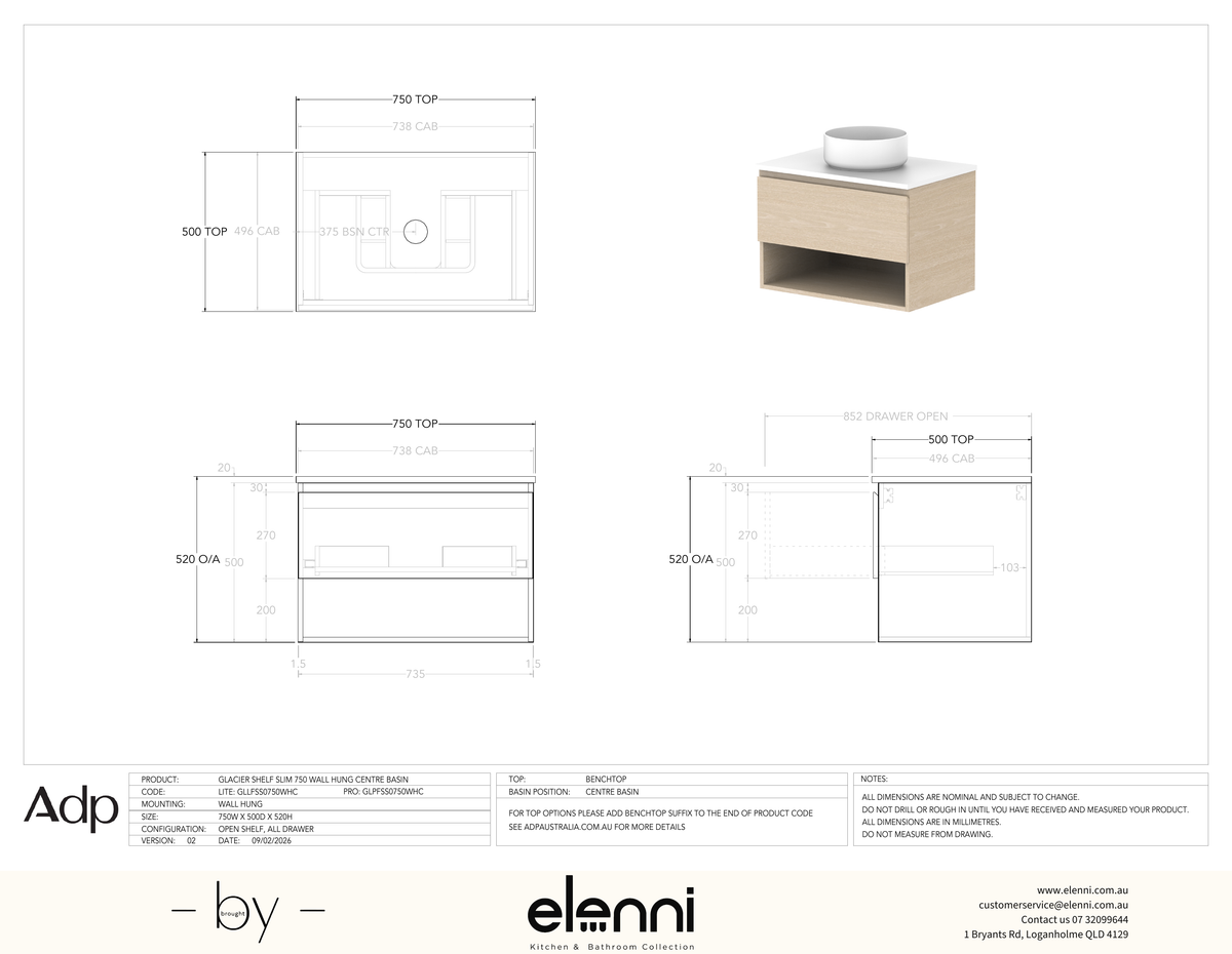 Glacier FD, Shelf, 750 Slim WH, Benchtop Centre Bowl - Elenni specification drawing
