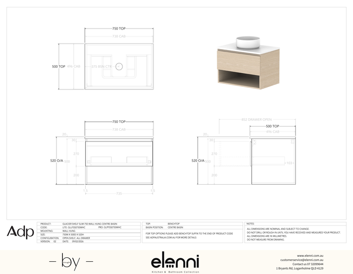 Glacier FD, Shelf, 750 Slim WH, Benchtop Centre Bowl - Elenni specification drawing