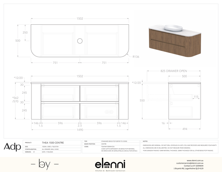 Thea 1500, Benchtop, Centre Bowl, Elenni specification drawing