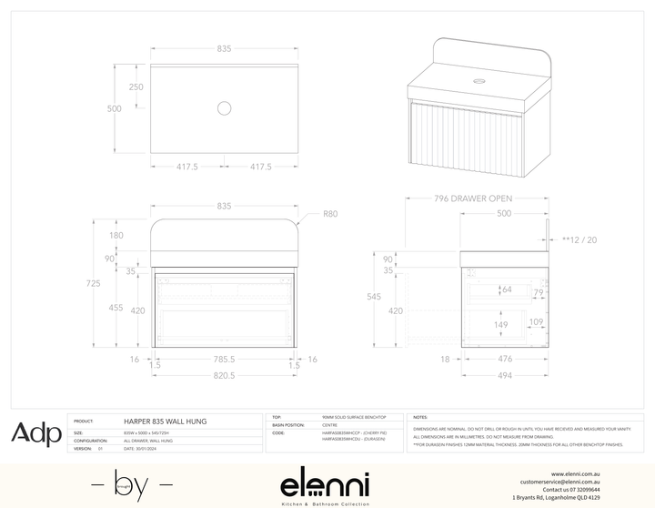 Harper 835 Wall Hung Centre, Elenni specification drawing