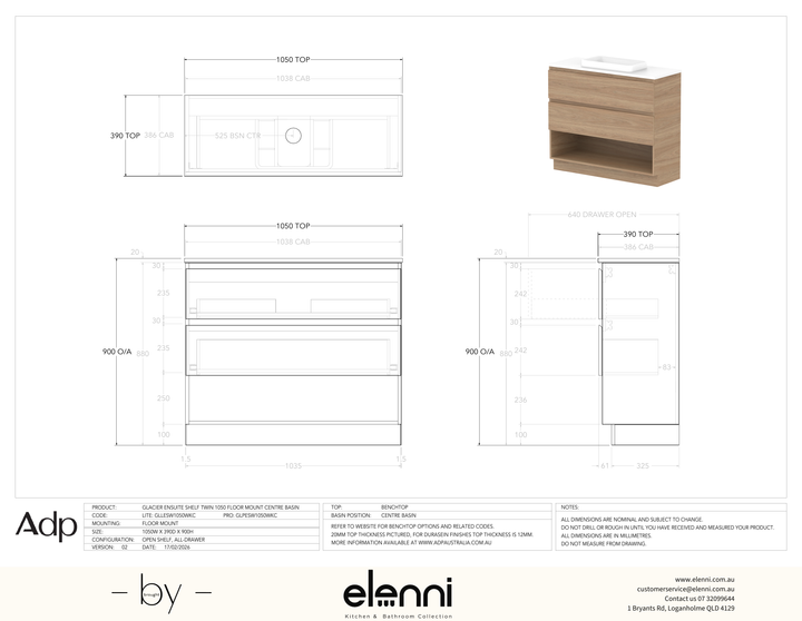 Glacier Ensuite, Shelf 1050 Trio FM, Benchtop Centre Bowl - Elenni specification drawing