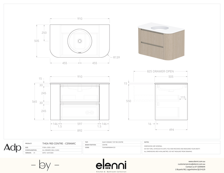 Thea 900, Ceramic, Centre Bowl, Elenni specification drawing