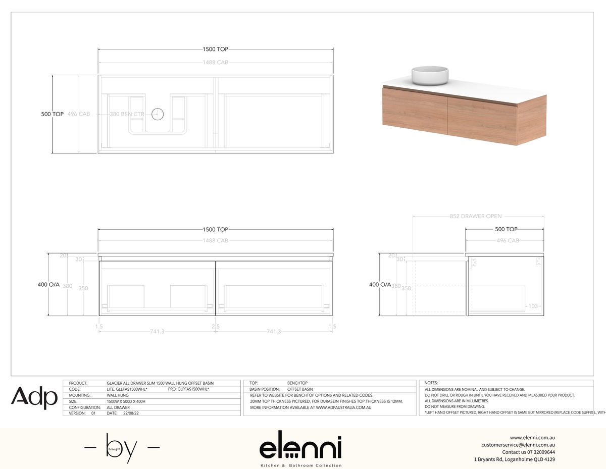Glacier FD, All Drawer, 1500 Slim WH, Benchtop Offset Bowl - Elenni specification drawing