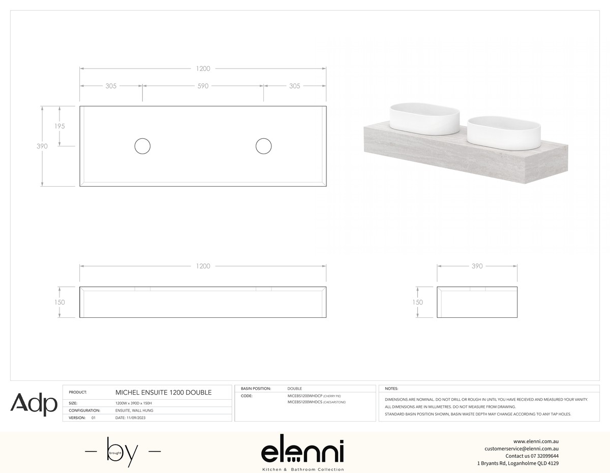 Michel Ensuite 1200 Double - Elenni specification drawing