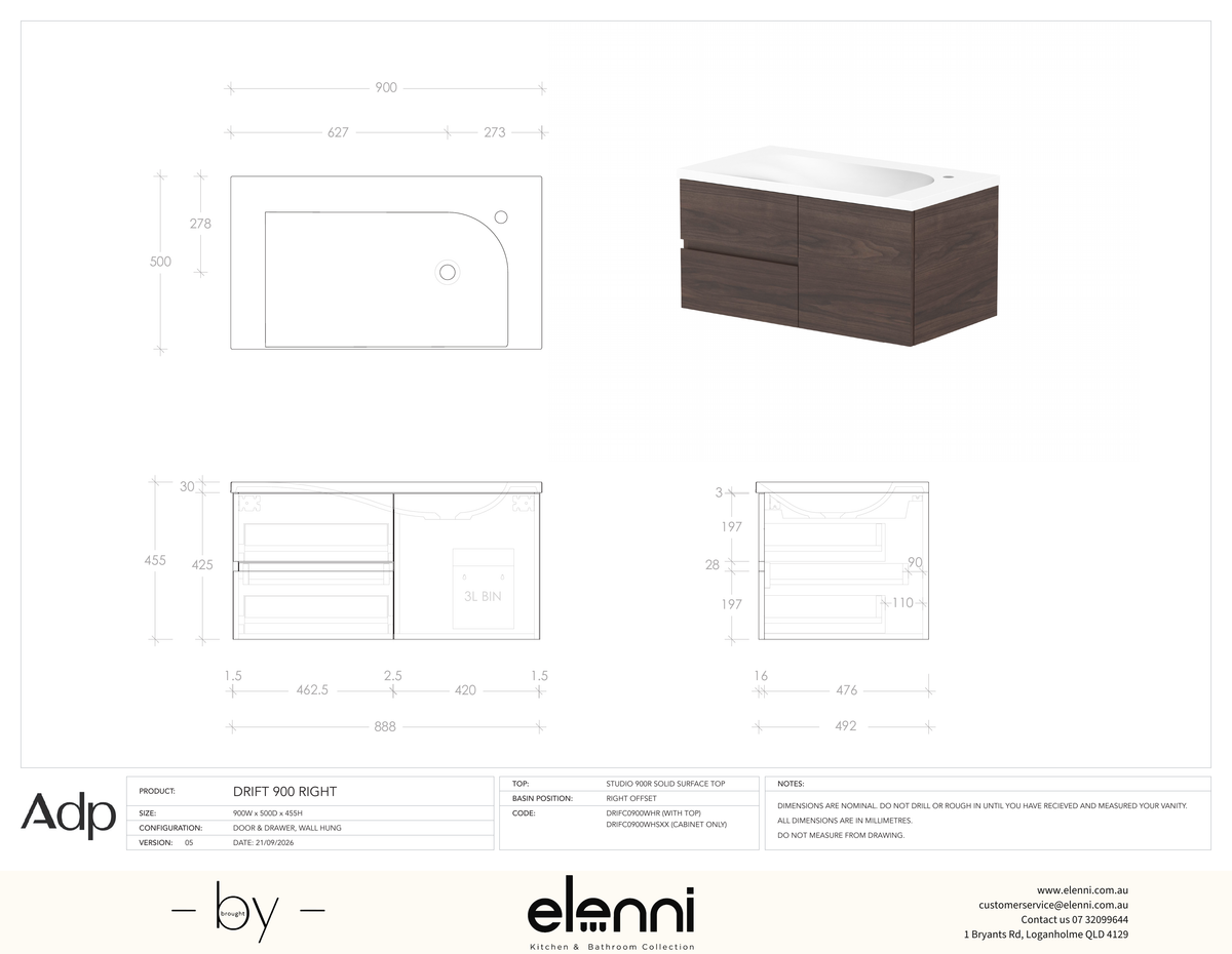 Drift 900mm Right - Elenni specification drawing