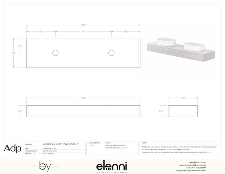 Michel Ensuite 1500 Double - Elenni specification drawing