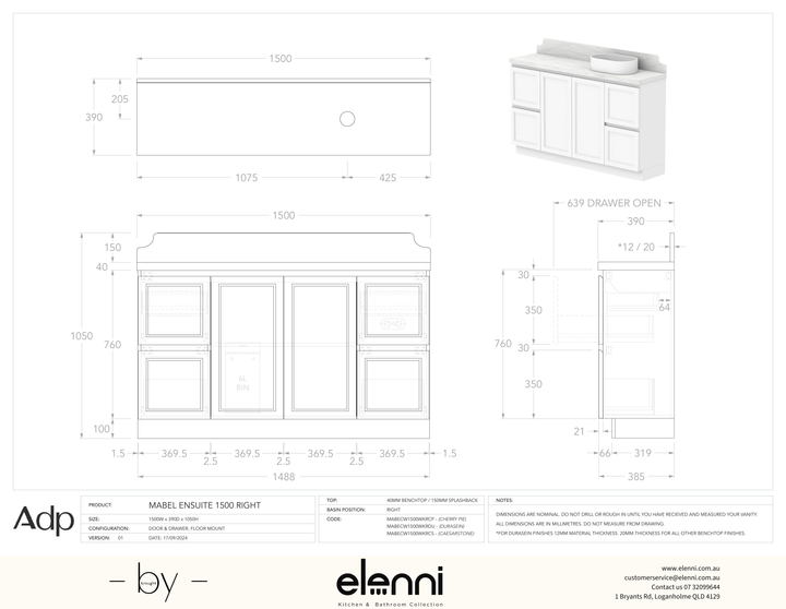 Mabel Ensuite 1500 Floor Mount Right Offset, Elenni specification drawing