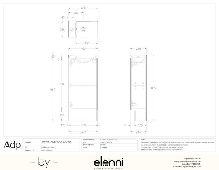 Petite 400 Floor Mount, Elenni specification drawing