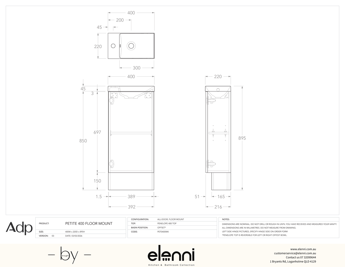 Petite 400 Floor Mount, Elenni specification drawing