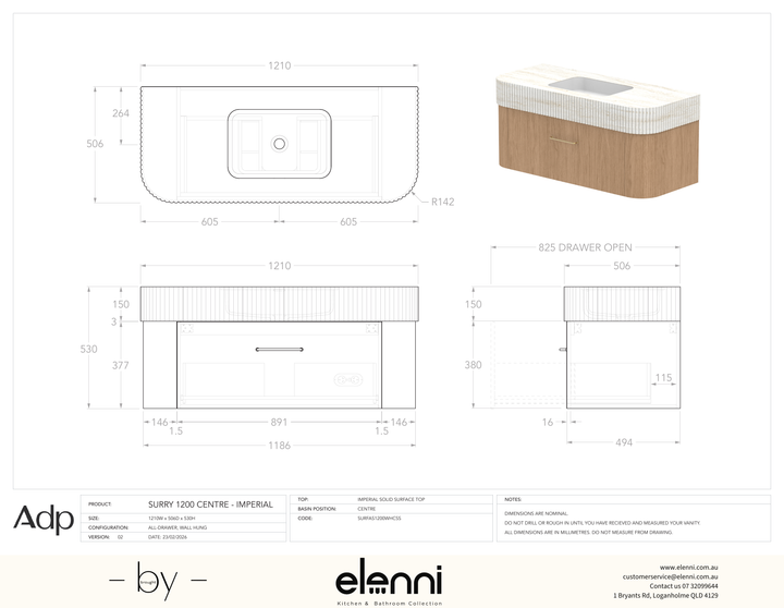 Surry 1200, Imperial, Centre Bowl, Elenni specification drawing