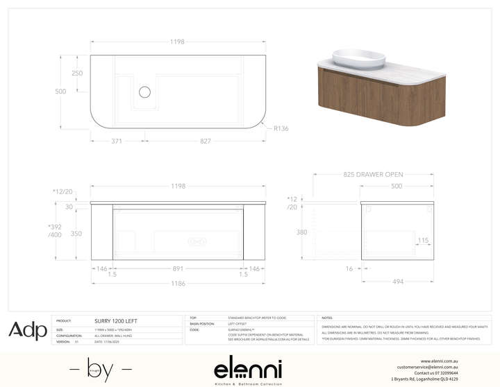 Surry 1200, Benchtop, Left Offset Bowl, Elenni specification drawing