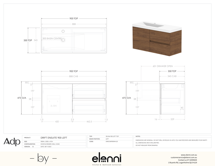 Drift Ensuite 900 Left Offset, Elenni specification drawing