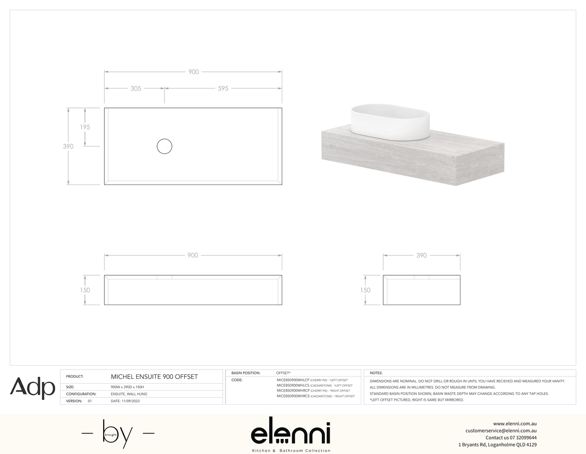 Michel Ensuite 900 Offset - Elenni specification drawing