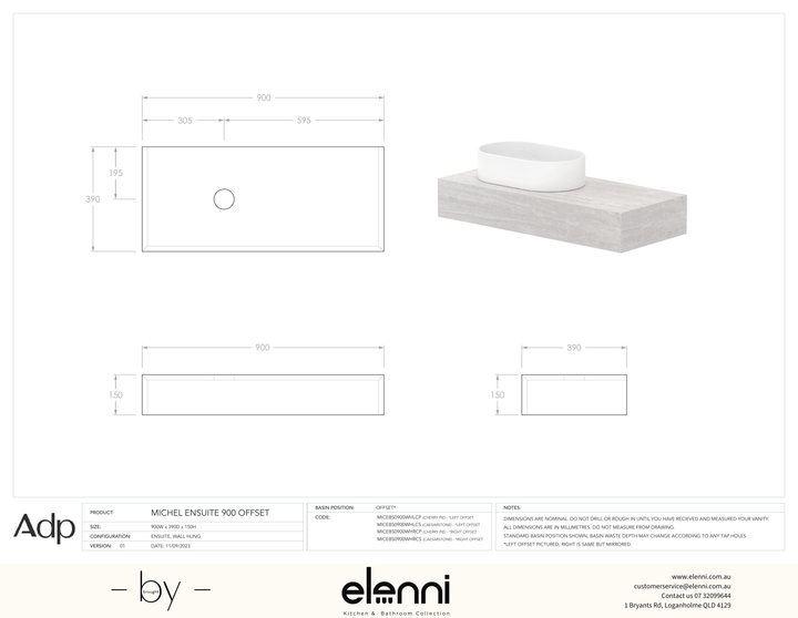 Michel Ensuite 900 Offset - Elenni specification drawing