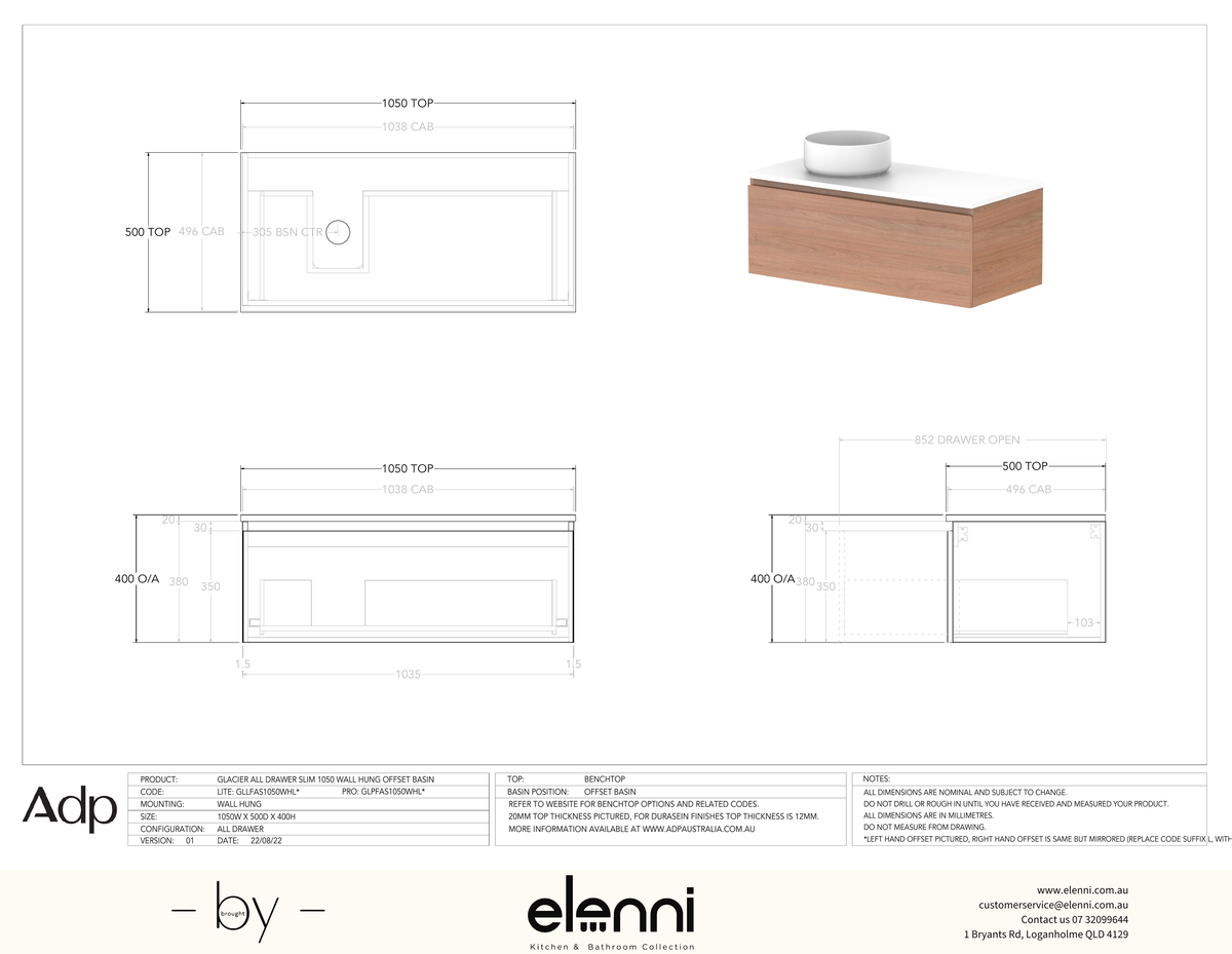 Glacier FD, All Drawer, 1050 Slim WH, Benchtop Offset Bowl - Elenni specification drawing