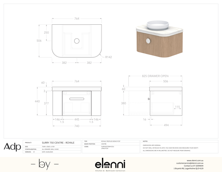 Surry 750, Royale, Centre Bowl, Elenni specification drawing