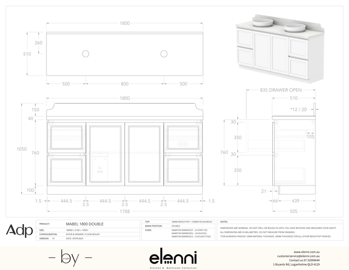 Mabel 1800 Floor Mount Double, Elenni specification drawing