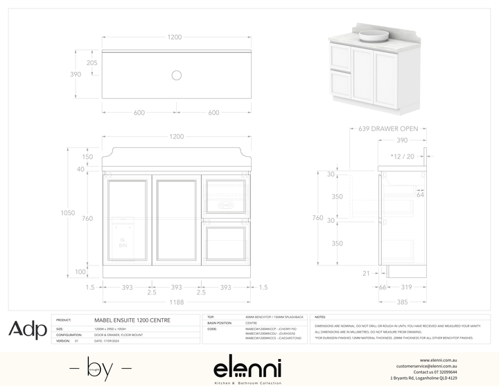 Mabel Ensuite 1200 Floor Mount Centre, Elenni specification drawing