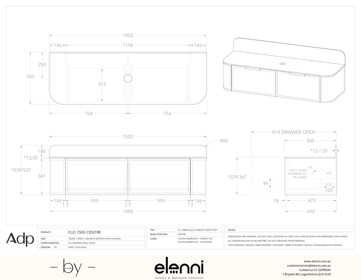 Flo 1500 Centre - Elenni specification drawing
