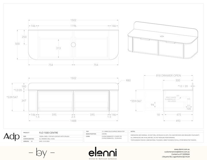 Flo 1500 Centre - Elenni specification drawing